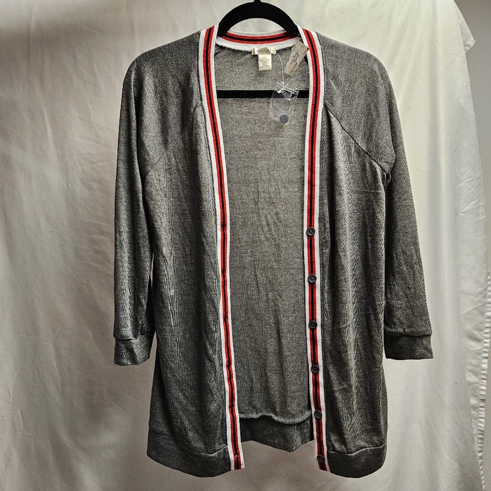 2for$20 grey red white open front button down 3/4 sleeve cardigan NWT